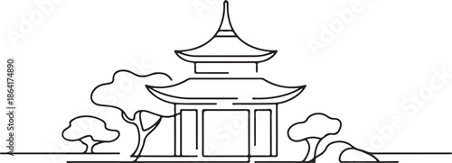 Japanese Buddhist temple continuous one line vector drawing