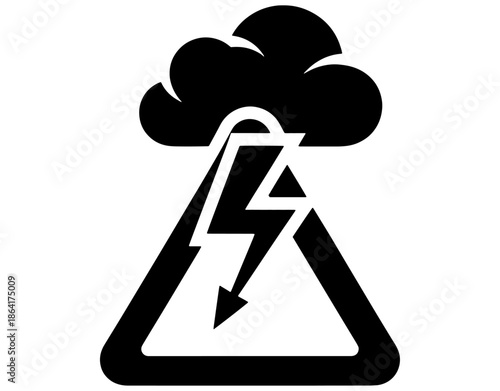 Stormy Thunder Cloud Silhouette Icon. Minimalist Weather Graphic with Lightning Bolt for Thunderstorm Forecast, Danger, and Seasonal Concept Design. Solid Black Vector Illustration.