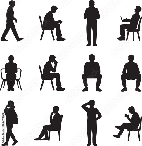 Office and Home Human Activity Silhouettes Showing Work and Rest