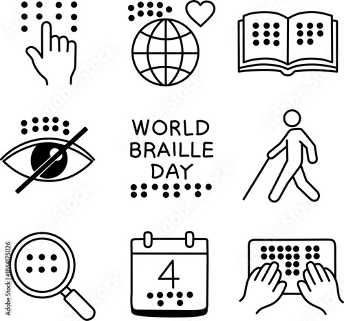 ​World Braille Day icon set featuring accessibility symbols and tactile reading elements. Linear vector illustration style