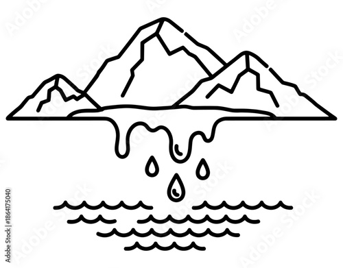 Minimalist Melting Glacier or Mountains Icon. Simple Outline Vector of Water Dripping into Sea for Global Warming, Climate Change, Nature, and Environment Concept Design Illustration.