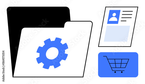 Data management concept. Data management illustrated with folder icon for organization, user profile for identity, and shopping cart for e-commerce. Ideal for tech, e-commerce, user security