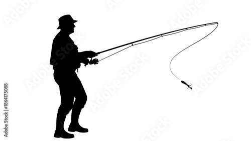 fishing man silhouette, flat design, isolated on white