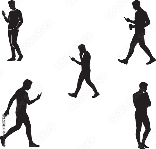 Human Walking and Using Mobile Phone Silhouettes Showing Daily Activities