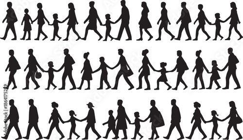 Large collection of walking people silhouettes vector