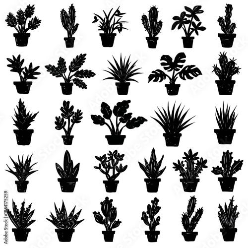 Diverse vector collection of potted house plants, succulents, and leafy greenery silhouettes, perfect for botanical graphic design, natural decor, and illustration projects