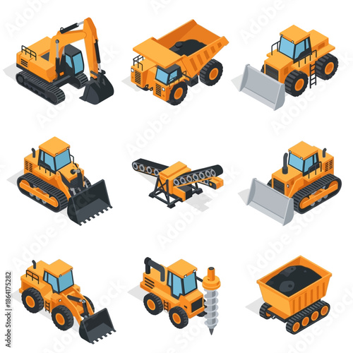 Isometric set of heavy construction and mining machinery and vehicles.