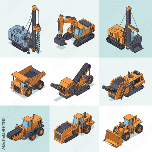 Isometric set of heavy construction and industrial machinery vehicles for building and road work.