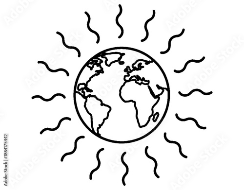 Global Warming and Climate Change Icon. Minimalist Vector Illustration of Earth Globe with Solar Heat Waves for Environment Protection, Ecology, and High Temperature Concept Design.