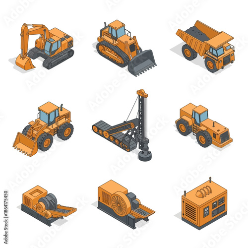 Isometric set of heavy construction and industrial machinery illustrations on a white background.