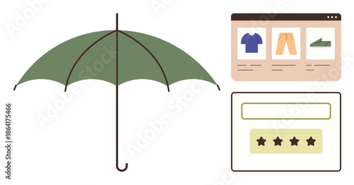 Online shopping, customer feedback, user protection, ratings, e-commerce, reliability. Green umbrella with a shopping website and star-based review form. Online shopping and user protection concept