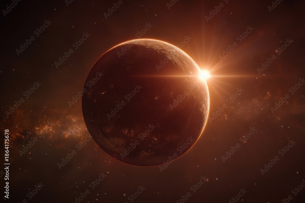 Fototapeta premium A fiery planet bathed in a golden sunrise in space