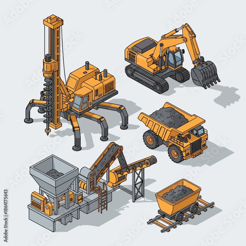 Isometric vector illustration of various heavy machinery and equipment used in mining operations, including a drill, excavator, dump truck, and processing plant.