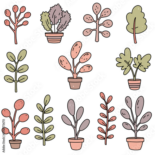 Delightful vector collection of cute hand-drawn house plants and natural botanical elements, an adorable set of whimsical doodle illustrations perfect for creative projects