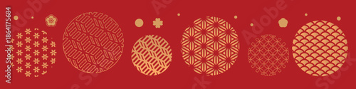 Traditional asian patterns with festive plum blossom and geometric designs on red background for celebration