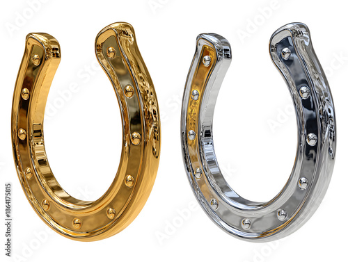 A pair of metallic horseshoes one gold and one silver on a black background