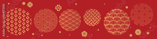 Traditional asian patterns with golden geometric designs and floral motifs on a vibrant red background for festive celebrations