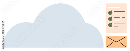 Cloud storage, data management, file sharing, organization, online communication, digital workflow. Large cloud icon with checklist and envelope. Cloud storage and data management concept