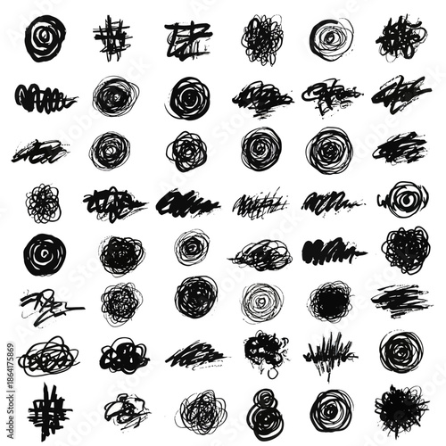 A collection of messy, abstract, and scribbled circular line art vector elements, perfect for artistic and design projects