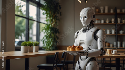 White humanoid robot is seen serving plate of food in luxury restaurant. Food concept