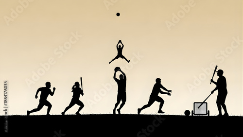 Dynamic silhouette sequence illustrating the key movements of baseball players, from powerful swings to airborne catches, subtly integrating modern technology for performance analysis and training