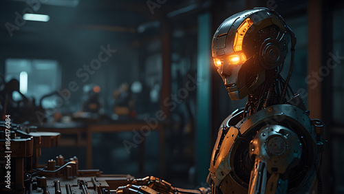 Metallic industrial robot is working with glowing sparks at workbench in dark factory environment. Industrial concept