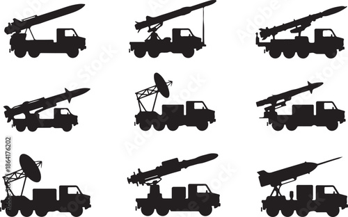 Mobile Missile Launchers and Air Defense Systems Silhouettes Vector Icons, Military Technology, Army, Weaponry, Defense, Security, War, Illustration, Collection