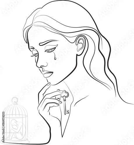 A beautiful sad girl is crying and holding the key to a cage in which sits an unhappy man suffering from depression. Help, empathy, support, love, pain.
