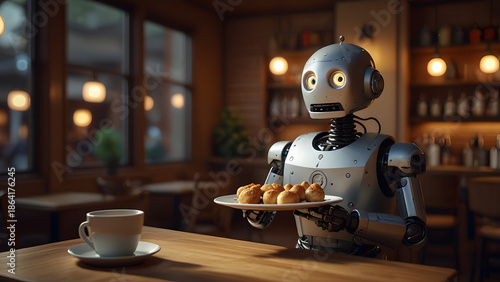 White humanoid robot is seen serving plate of food in luxury restaurant. Food concept