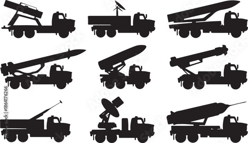 Mobile Missile Launchers and Air Defense Systems Silhouettes Vector Icons, Military Technology, Army, Weaponry, Defense, Security, War, Illustration, Collection