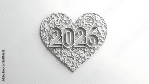 Silver heart with 2026, decorative filigree design, new year symbol