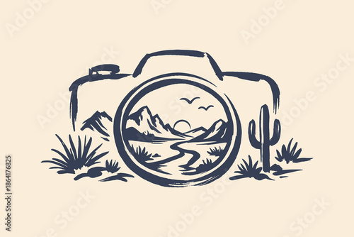 Camera Landscape Emblem Minimal Ink Sketch Vector Illustration