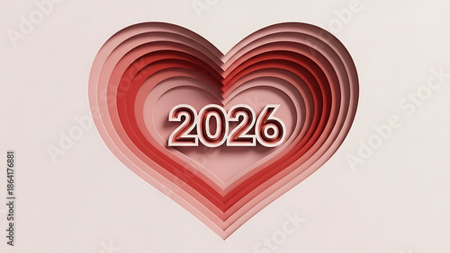 2026 heart shape with layered red gradient design on white background
