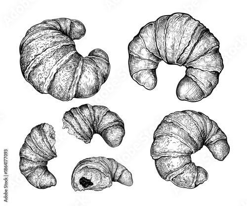 Set of whole and broken Croissants. Hand drawn sketch of French Viennoiserie made from a laminated yeast dough. Sweet baked breakfast pastries. Food menu design element. Vector illustration