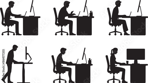 Office people silhouettes working at desks, cad drawing flat vector illustration, computer users sitting, standing, meeting, working remotely, digitally connected