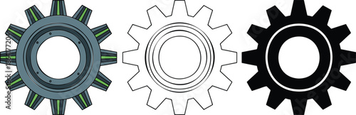 Gear silhouette & Outline and illustration set isolated on transparent background