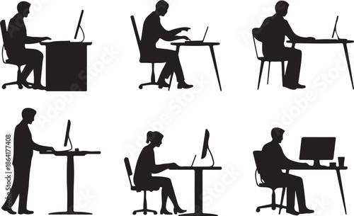 Office people silhouettes working at desks, cad drawing flat vector illustration, computer users sitting, standing, meeting, working remotely, digitally connected