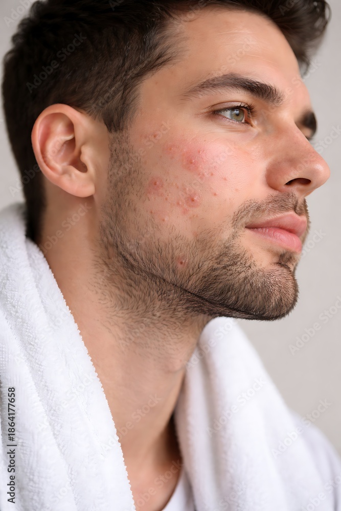 Obraz premium Handsome young man in white bathrobe profile view for spa and self care concepts