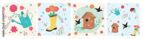Decorative spring garden seamless patterns set with flowers, leaves, birds, birdhouse, watering can and rubber boots. Cute floral vector backgrounds in hand drawn style for seasonal design, textile, w