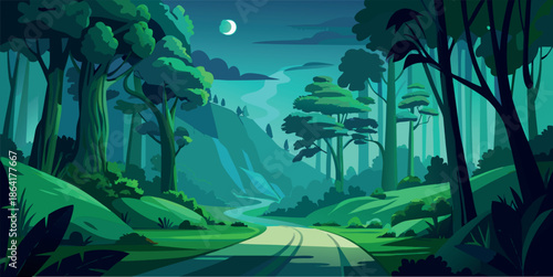 Enchanted Moonlit Forest Landscape with Winding Road and Deep Green Foliage