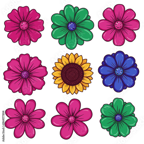 A delightful vector collection of vibrant, hand-drawn cartoon flower heads, showcasing diverse colorful floral designs perfect for spring projects and decorative elements