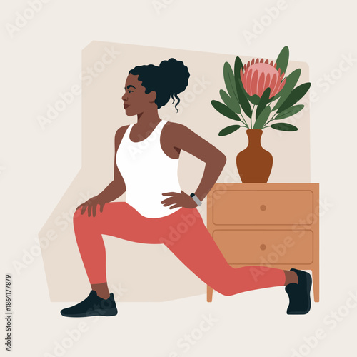 A fit woman in activewear performs a stretching exercise in a well-decorated home environment, promoting health, fitness, and well-being.