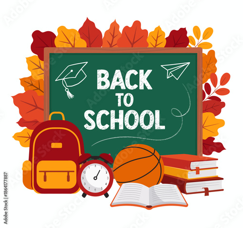 A colorful depiction of back-to-school items, including a backpack, books, and sports equipment, surrounded by leaves and celebrating a new academic year with energy.