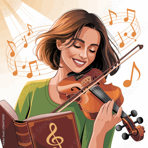 A joyful woman plays the violin, embodying the passion of music with flowing notes surrounding her, radiating creativity and artistic expression in a lively atmosphere.