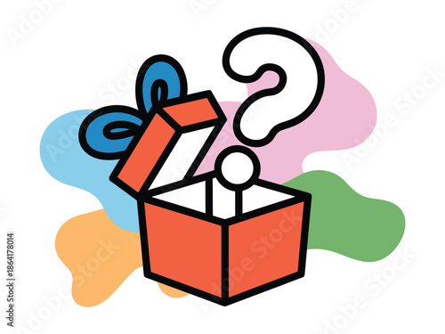 open gift box with a question mark hovering above it and  abstract shapes behind, a top ranked illustration symbolizing surprise, mystery, celebration, and creative reveal concepts for modern 