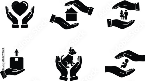 black and white icons of hands holding various objects and animals
