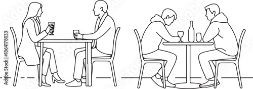 People have lunch in a street cafe continuous one line drawing. Friends talk and drink at the bar contour vector illustration. Lunch break