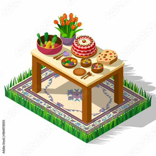 A charming isometric-style table laden with an array of vibrant foods and drinks, surrounded by lively decor, ideal for gatherings and festive occasions.