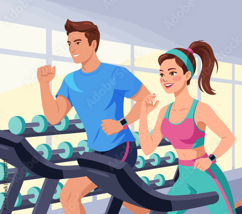 This vibrant image showcases two energetic individuals jogging on treadmills in a modern gym environment filled with fitness equipment, embodying vitality and wellness.