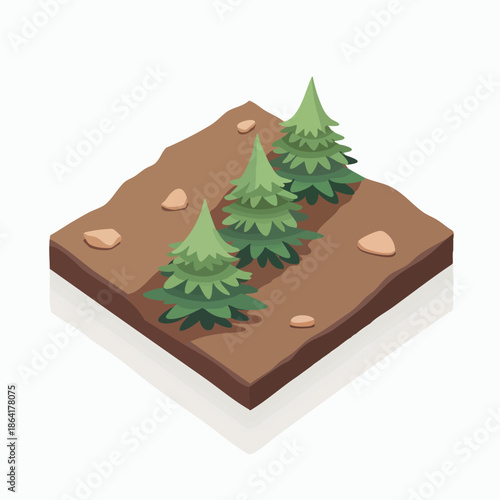 Isometric illustration of a small plot of land with three green pine trees and scattered rocks on brown soil, depicting a simple natural landscape.